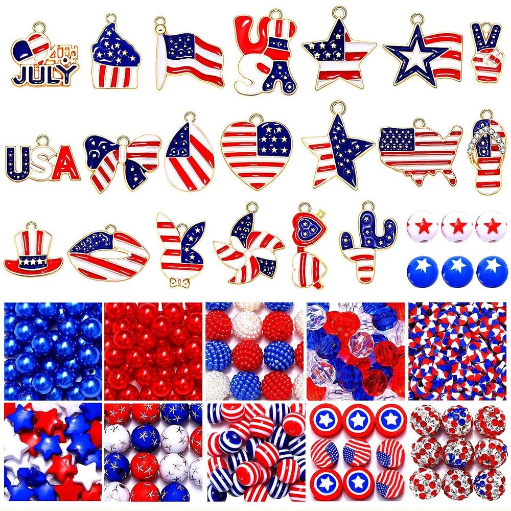 7646 480PCS+ Patriotic Beads Charms for Jewelry Making Enamel 4th of July